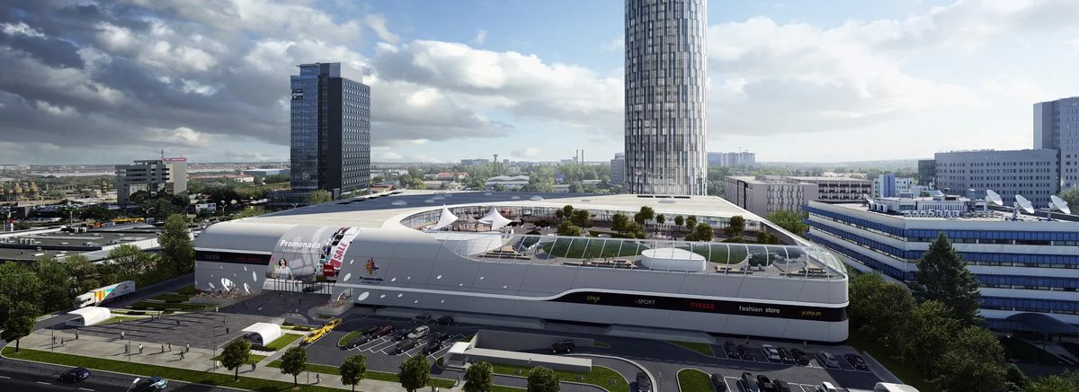 Aerial view of Promenada Mall and Sky Tower in Bucharest